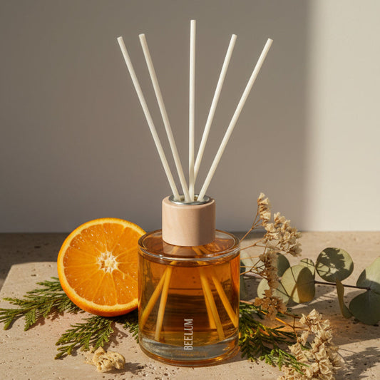 Difusor de varillas de Naranja y cedro: Huele a un aroma cítrico, cálido y lleno de energía.