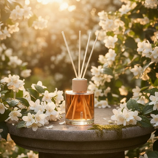 Difusor de varillas Jazmín y sándalo: Huele a un atardecer lento en un jardín de la india.