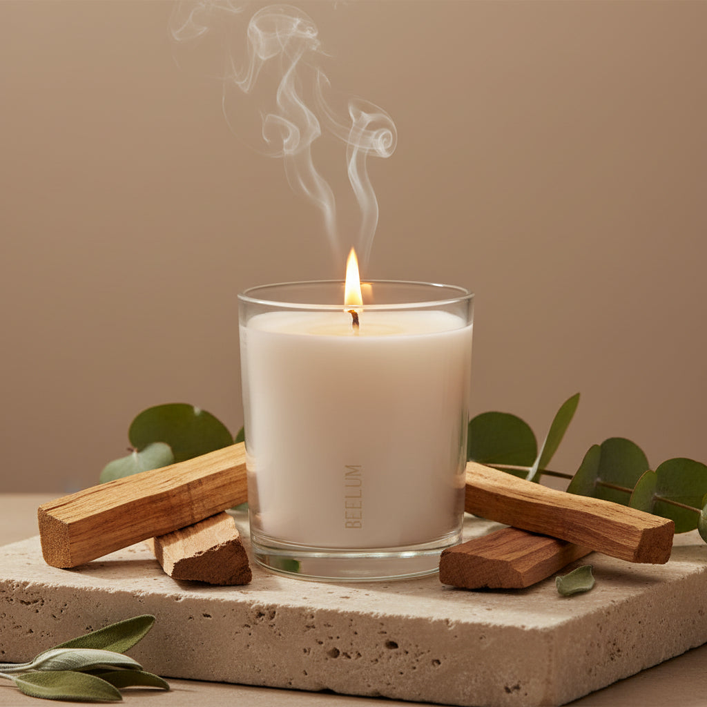 Vela Palo santo: Huele a madera de palo santo, sándalo y humo suave.
