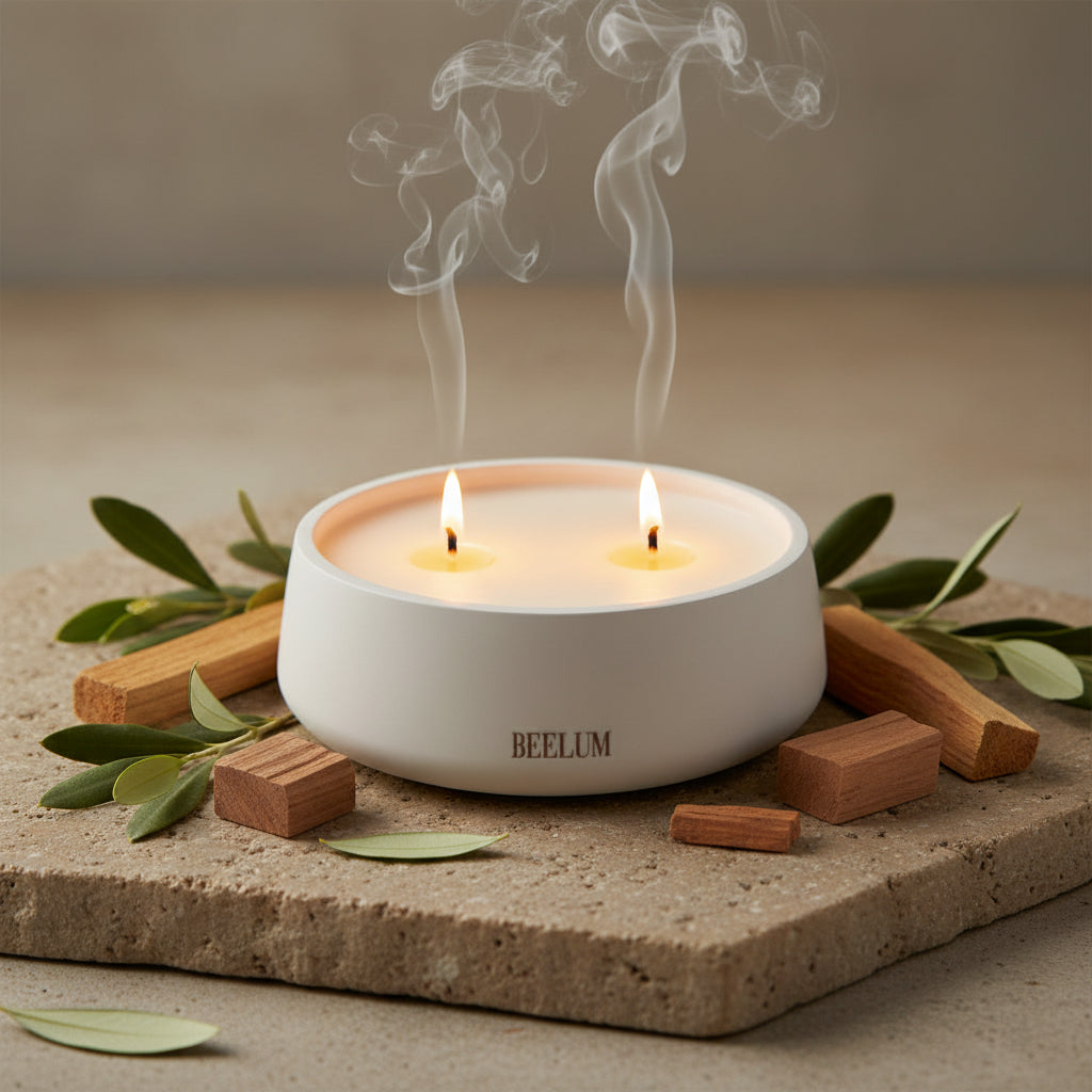 Vela Palo santo dos mechas: Huele a madera de palo santo, sándalo y humo suave.