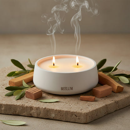 Vela Palo santo dos mechas: Huele a madera de palo santo, sándalo y humo suave.