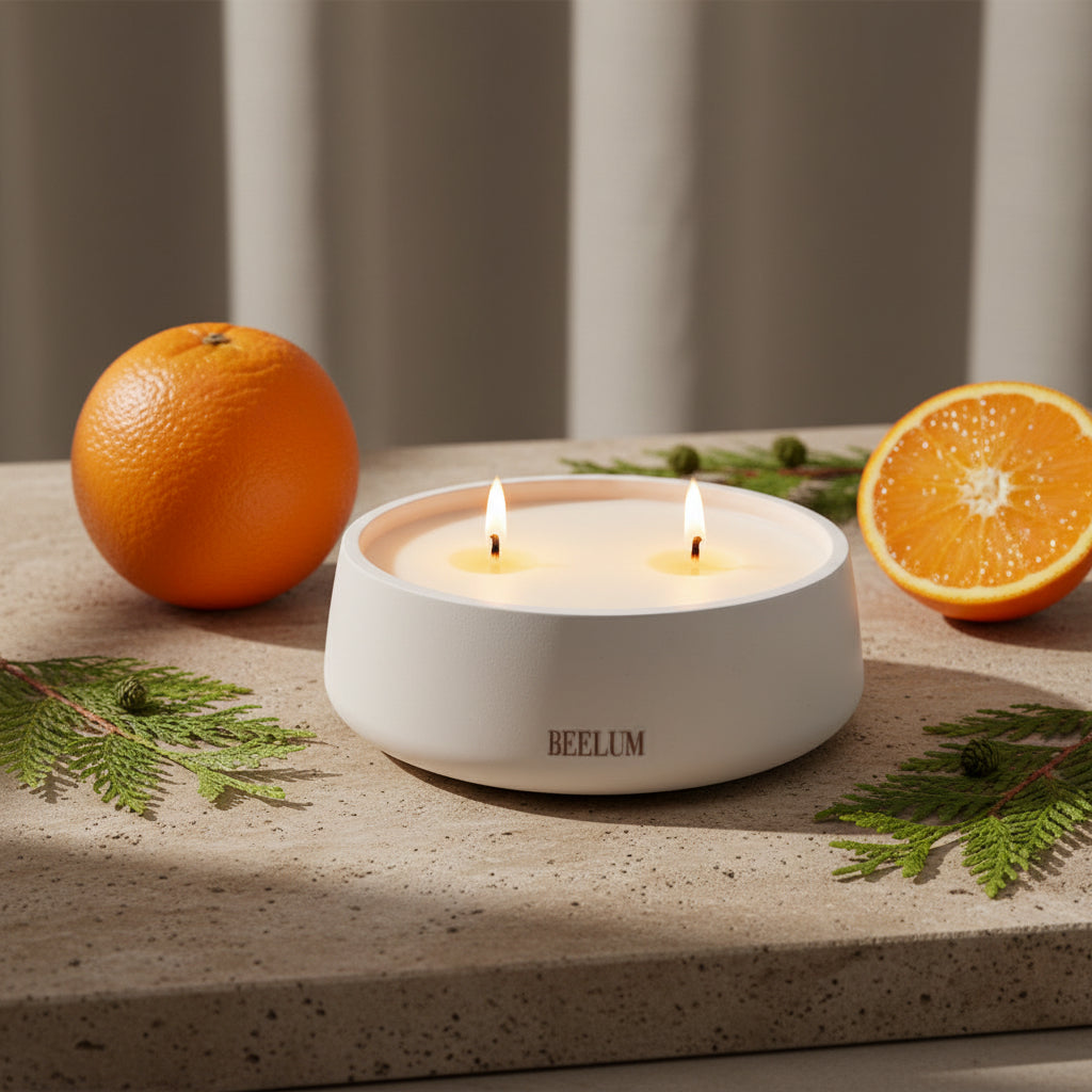 Vela Naranja y cedro dos mechas: Huele a un aroma cítrico, cálido y lleno de energía.